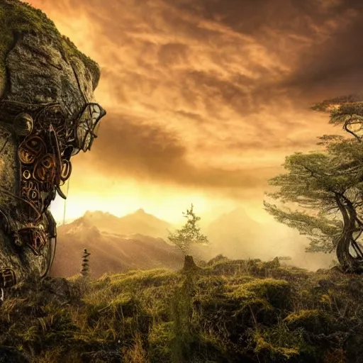 Image similar to steampunk ent from lord of the rings, realistic, high detail, dark, natural mountainous background with setting sun, smoke in sky