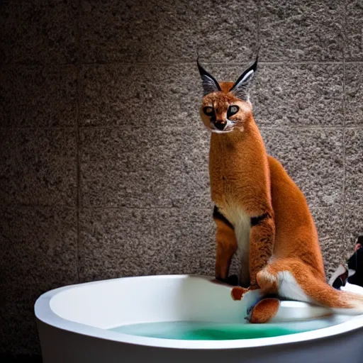 Image similar to caracal, big floppa, sitting in a bathtub, bathroom, Instagram photo, 4K