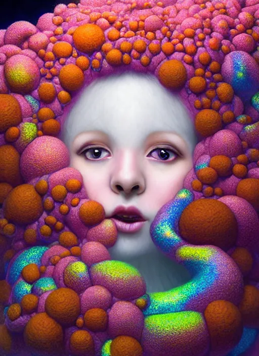 Image similar to hyper detailed 3d render like a Oil painting - kawaii portrait Aurora (coral haired Singer Ferret) seen Eating of the Strangling network of yellowcake aerochrome and milky Fruit and Her delicate Hands hold of gossamer polyp blossoms bring iridescent fungal flowers whose spores black the foolish stars by Jacek Yerka, Mariusz Lewandowski, Houdini algorithmic generative render, Abstract brush strokes, Masterpiece, Edward Hopper and James Gilleard, Zdzislaw Beksinski, Mark Ryden, Wolfgang Lettl, hints of Yayoi Kasuma, octane render, 8k