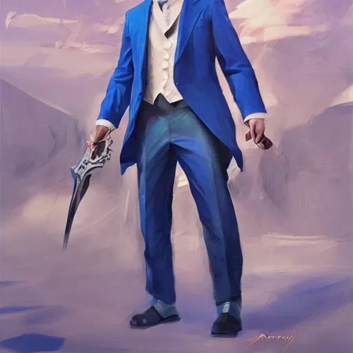 Prompt: artgerm portrait painting of a blond man in a blue suit with a sword and a pistol, asymmetrical, profile picture, organic painting, sunny day, matte painting, bold shapes, hard edges, street art, trending on artstation, by huang guangjian, gil elvgren, ruan jia, randy vargas, greg rutkowski