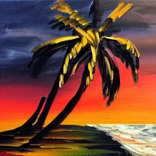 Image similar to a very very small island! beautiful woman!! palm trees, dark very late evening cloudy sunset, dramatic and dynamic lighting, thick brush strokes oil impasto painting