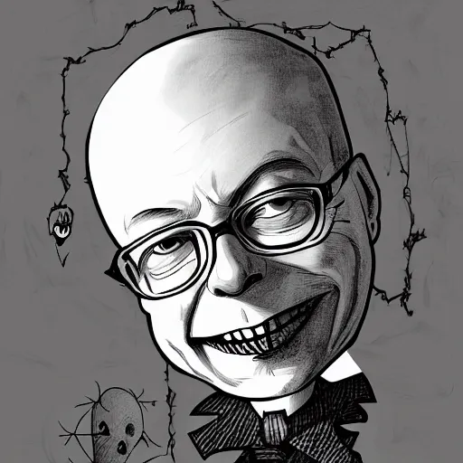 Prompt: grunge drawing of Klaus Schwab in the style of jack skellington and Jacob Shaw,creepy, surreal, trending on artstation, bold and vivid colour
