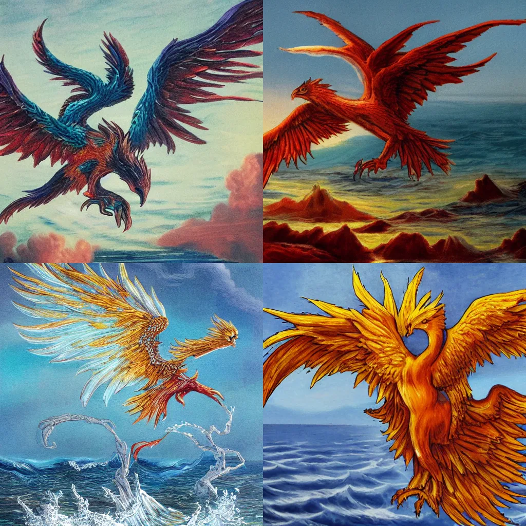 Prompt: A phoenix fell into the sea, highly detailed