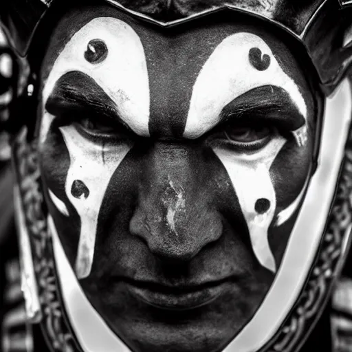 Image similar to viking in black body armour with black and white face painting, extremely detailed image from a film