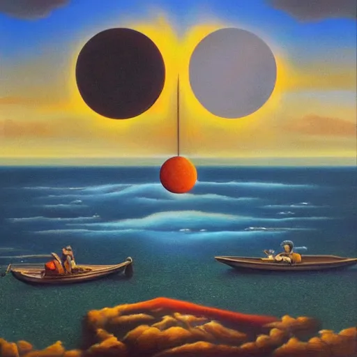 Image similar to sun and moon, surrealism, oil on canvas, high detail, masterpiece