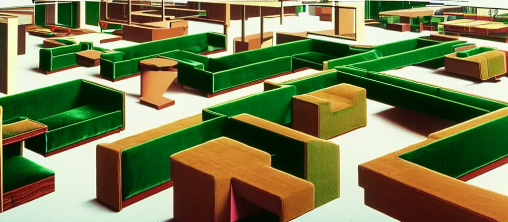 Image similar to huge sprawling gargantuan angular dimension of infinite indoor landscape 7 0 s green velvet and wood with metal office furniture. surrealism, mallsoft, vaporwave. muted colours, 7 0 s office furniture catalogue, shot from above, endless, neverending epic scale by escher and ricardo bofill