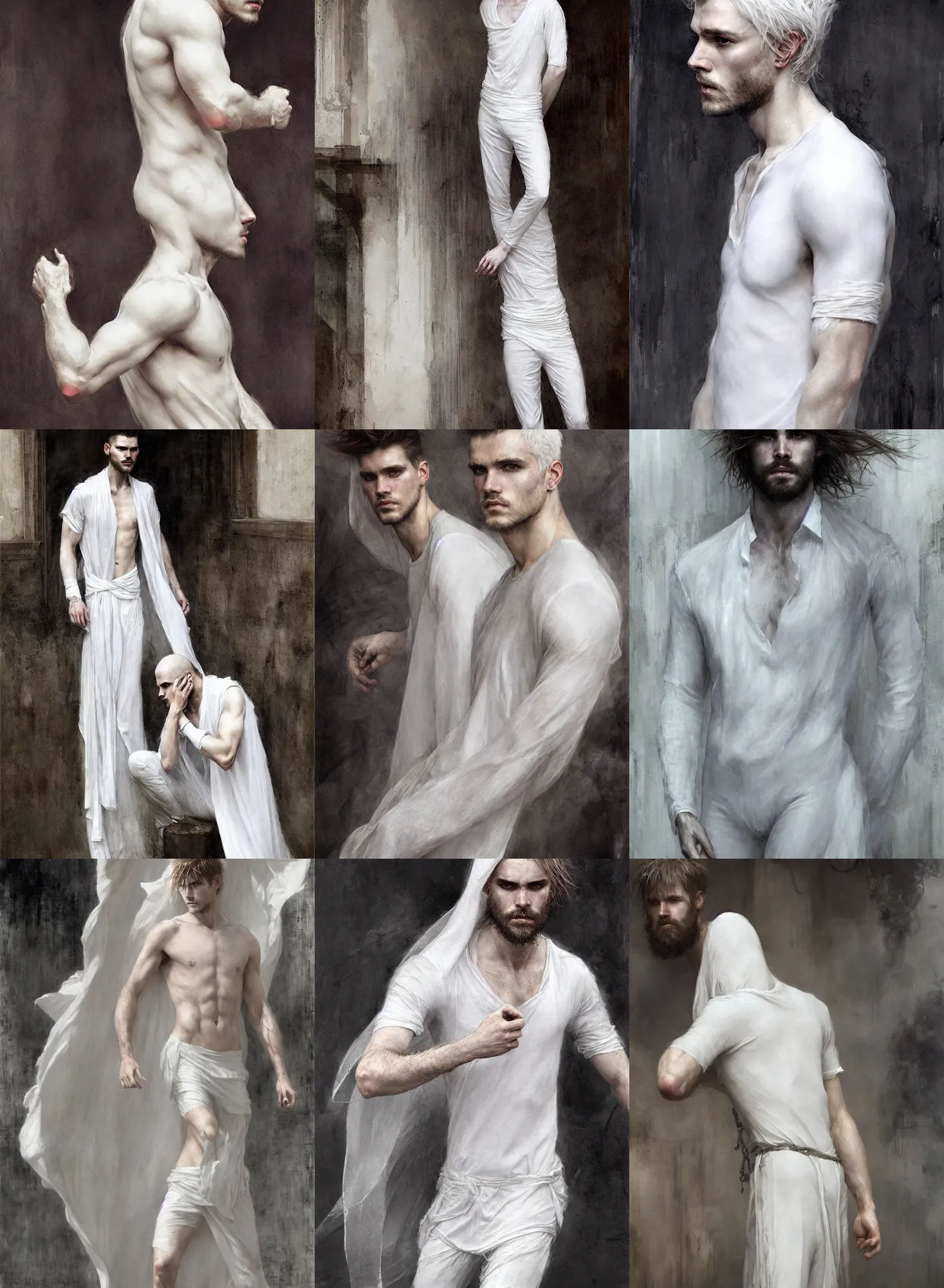 Prompt: a ghost attractive men with white!!!!!! full body. hair quietly watching the living continue their lives. waterhouse. geoffroy thoorens. ultra clear detailed