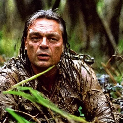 Image similar to film still of viktor orban as major dutch, covered in mud and hiding from the predator predator predator in swamp scene in 1 9 8 7 movie predator, hd, 4 k