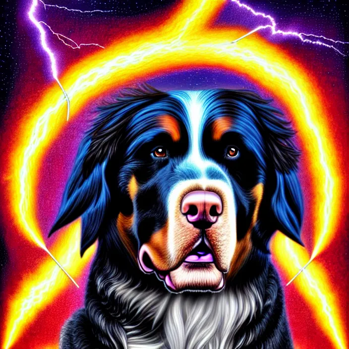 Image similar to a male human - bernese mountain dog hybrid as zeus, shooting lightning bolts from his paws, by alex grey, intricate details, artstation, furry, psychedelic, hd, beautiful