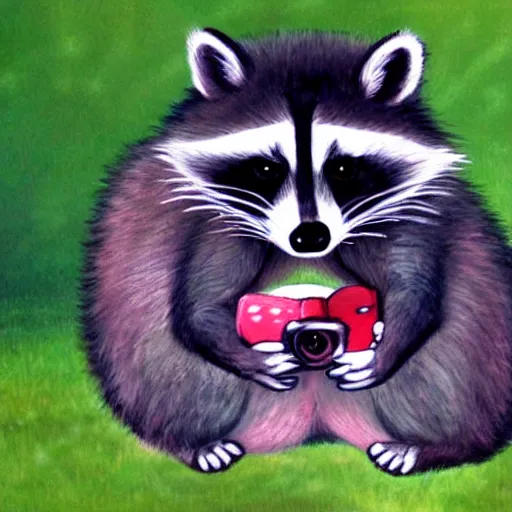 Image similar to a raccoon painting a picture of himself, anime, kawaii