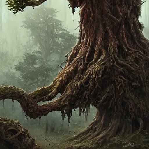 Image similar to a corpse in the shape of an ent, by greg rutkowski, trending on art station, highly detailed, magic the gathering, matte painting