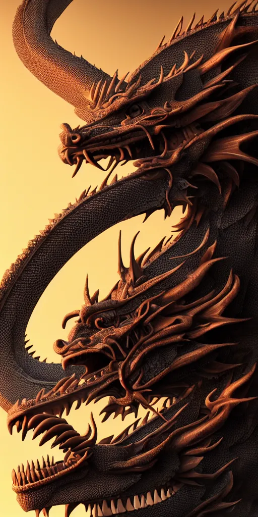 Prompt: a beautiful obverse portrait render of a single huge chinese dragon, solid background, mechanical, metal, model design, fine texture structure, hyper detailed, perfect shadows, fire eye, atmospheric lighting, 3 d render, the style of pascal blanche and sparth juan zigor samaniego, paul pepera pablo roldan, denoise, alone, 8 k hd