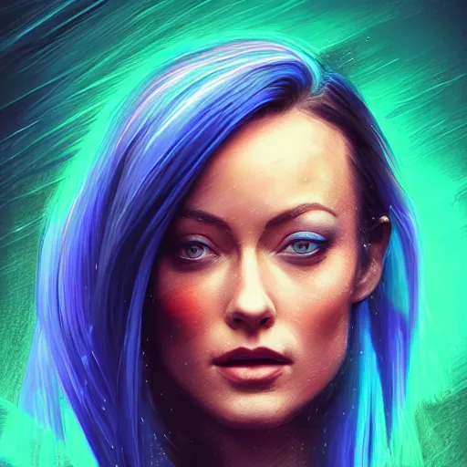 Prompt: a digital painting of olivia wilde in the rain with blue hair, cute - fine - face, pretty face, cyberpunk art by sim sa - jeong, cgsociety, synchromism, detailed painting, glowing neon, digital illustration, perfect face, extremely fine details, realistic shaded lighting, dynamic colorful background