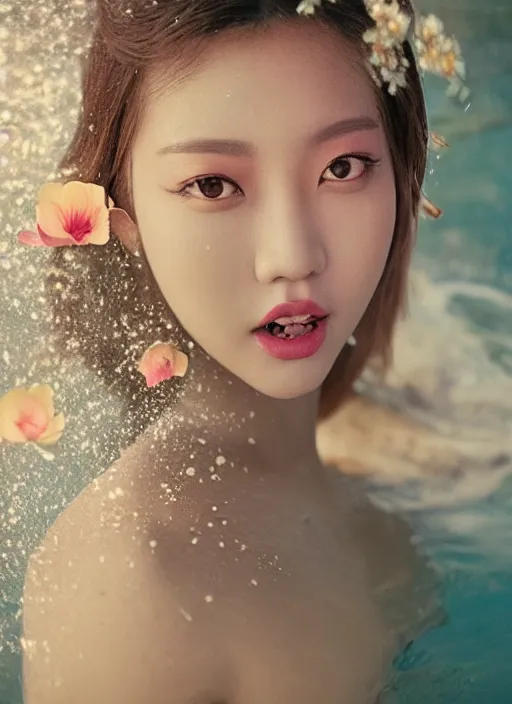 Prompt: Kodak Portra 400, 8K, soft light, volumetric lighting, highly detailed, KPOP style 3/4 ,portrait photo of LalisaManobal princess, the face emerges from a thermal water flowing down gold travertine terraces, with lotus flowers, inspired by Ophelia paint , a beautiful luxurious royal suit, intricate hair with highly detailed realistic beautiful flowers , Realistic, Refined, Highly Detailed, ethereal lighting colors scheme, outdoor fine art photography, Hyper realistic, photo realistic