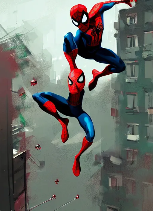 Image similar to spider - man jumping from building, red and green hour, by ismail inceoglu