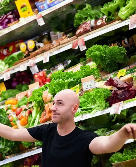 Prompt: a bald man gestures to a display of'suddenly salad'boxes at the end cap inside a supermarket