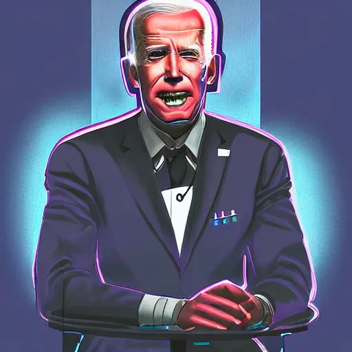 Image similar to A cybernetic Joe Biden as an android giving a speech, digital painting, cyberpunk