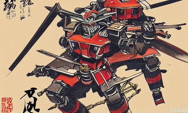 Prompt: samurai mechs duel with katanas in the style of Chikanobu, classical japanese art, sci-fi illustrations, mechwarrior, battletech, gundam, highly detailed, intricate, award-winning, mecha, japanese, gritty, beautiful colors, ink and watercolor