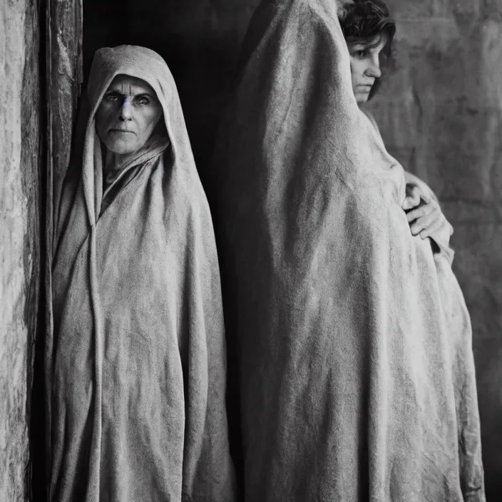 Image similar to closeup portrait of a sad woman with a cloak made of stone, standing in a busy messy kitchen, by Annie Leibovitz and Steve McCurry, natural light, detailed face, CANON Eos C300, ƒ1.8, 35mm, 8K, medium-format print