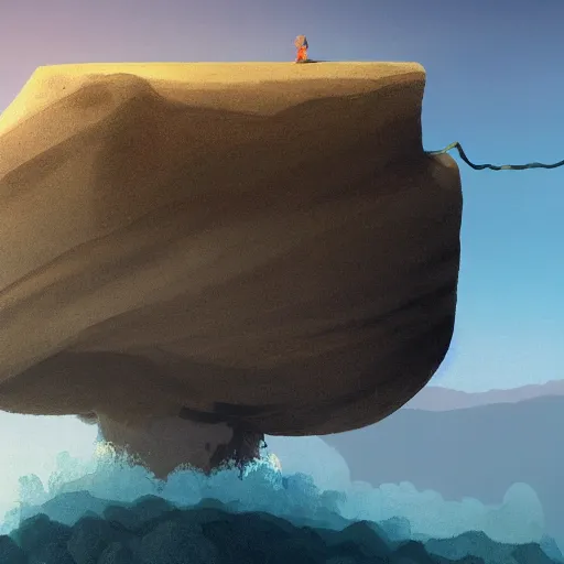 Image similar to Image from afar, man looking from the top of a large rock cliff, the sea hits the large stones hard, the clouds let through subtle rays of light, ilustration art by Goro Fujita, concept art, smooth, sharp focus, ArtStation