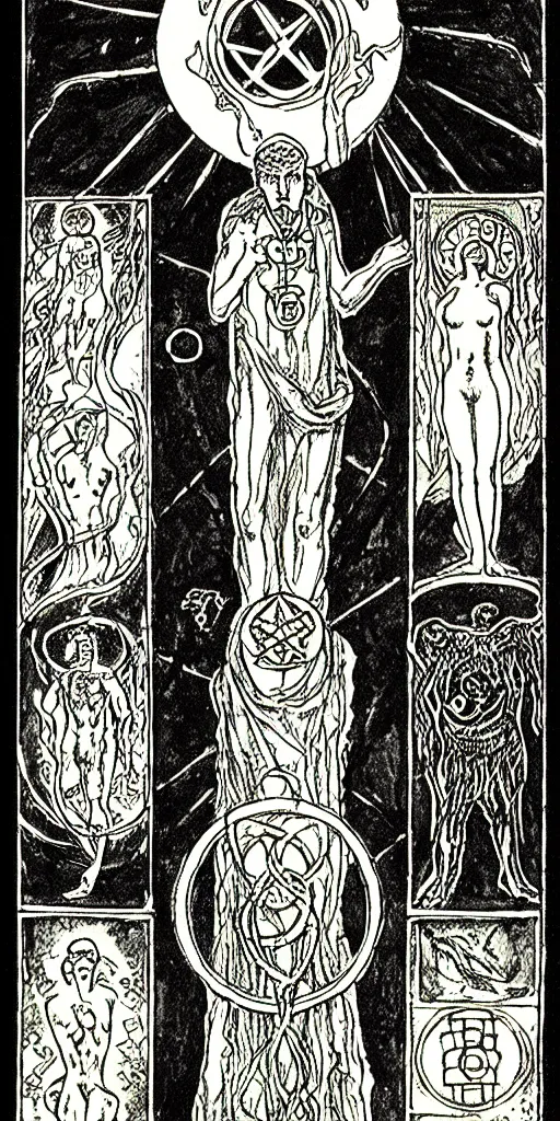 Prompt: four of pentacles tarot card by austin osman spare