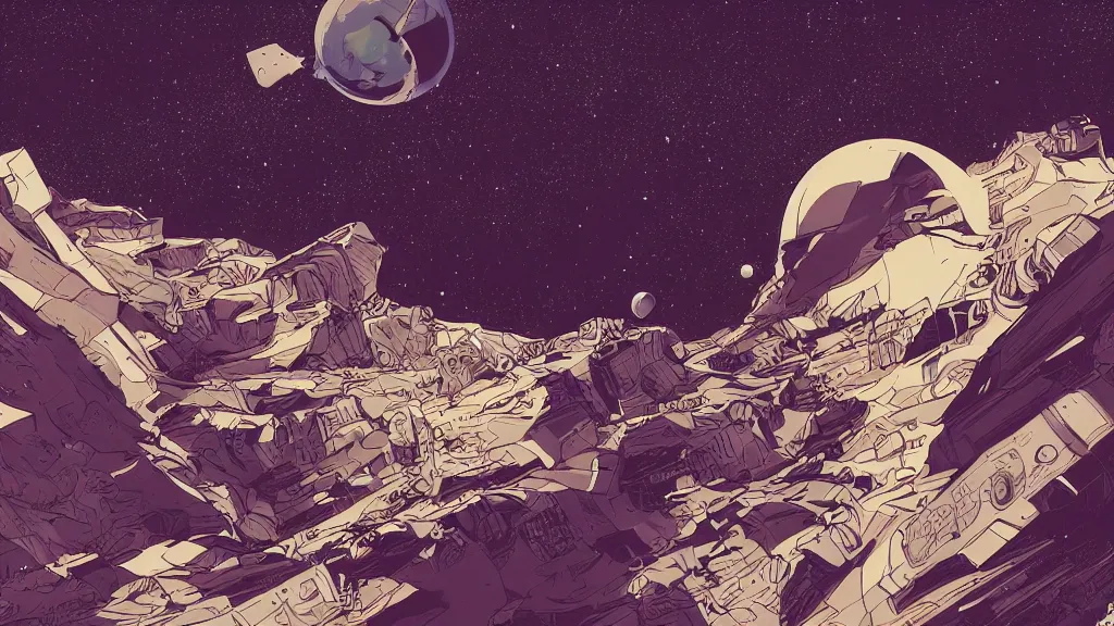 Image similar to very detailed, prophet graphic novel, ilya kuvshinov, mcbess, rutkowski, simon roy, illustration of a space junk floating in space around a dead planet, wide shot, colorful, deep shadows, astrophotography