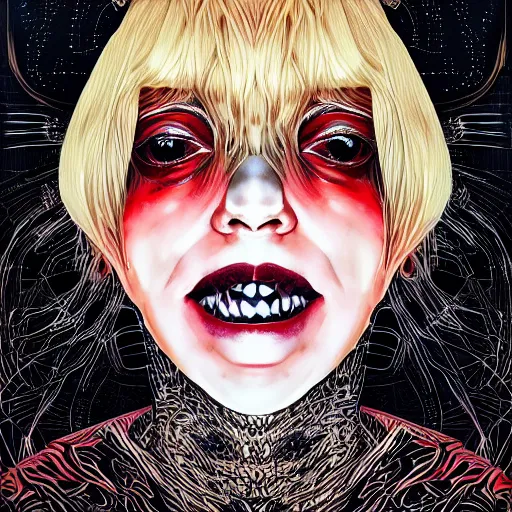 Image similar to portrait of crazy sia kate isobelle furler, symmetrical, glamour, hyper detailed, by yoichi hatakenaka, masamune shirow, josan gonzales and dan mumford, ayami kojima, takato yamamoto, barclay shaw, karol bak, yukito kishiro