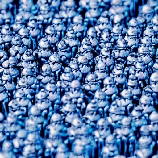 Image similar to tiny blue aliens made of living pixels, resembling knights and nobles. blue skin, colorful hair, feudal society. examined by human scientists, human for scale.