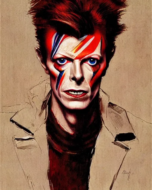 Image similar to portrait of david bowie as the devil by greg rutkowski in the style of egon schiele