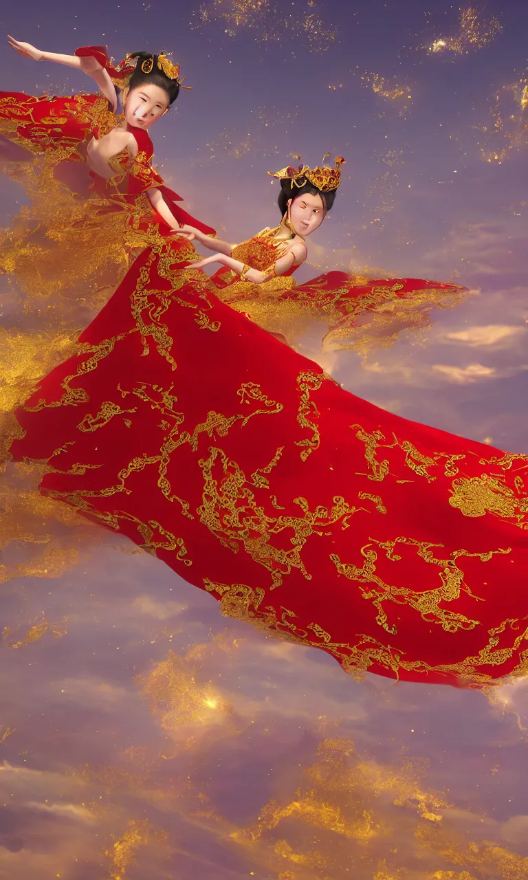 Image similar to chinese princess, dance, fairy, beautiful, stunning, red and gold dress, spinning in the sky, unreal engine, concept art, photo realism, film, james jean, akira, satochi con, character design, void arcanist, mist, photorealistic, octane render, unreal engine, hyper detailed, volumetric lighting, 8 k