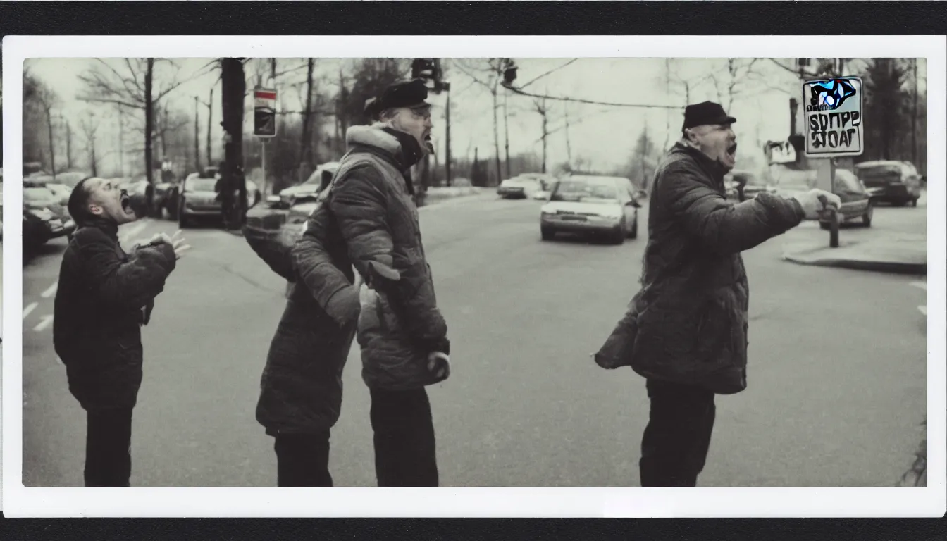 Prompt: polaroid picture of russian man yelling at stop sign, very detailed, 8 k