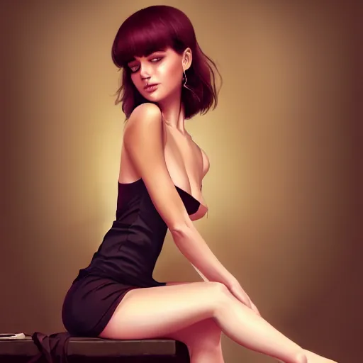 Prompt: sexy girl in a low cut blouse and short skirt, seductive pose, shoulder-length hair, ribbon in her hair, earrings, sitting on a bed. highly detailed, digital painting, in the style of ross tran, high definition digital art