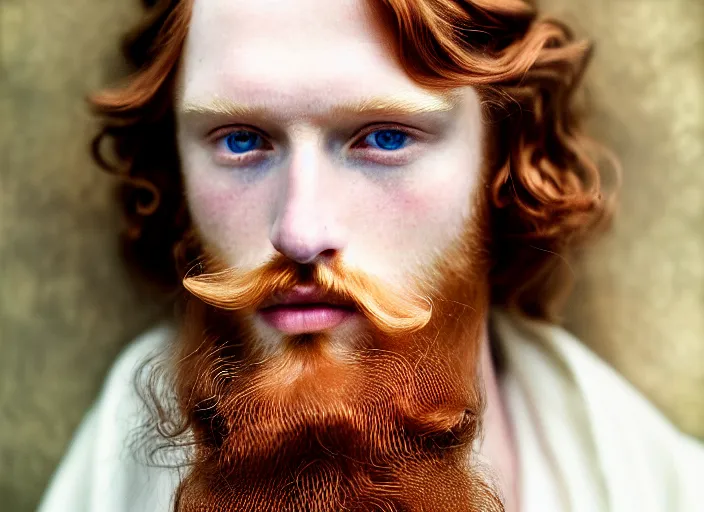 Image similar to portrait photography of a beautiful man how pre-Raphaelites beauty type in style of Nicolas False, britt marling style 3/4 , he has a short beard, his ginger hair is intricate, beautiful ethereal lace white robes, 8K, soft light, volumetric lighting, highly detailed Realistic, Refined, Highly Detailed, natural outdoor soft pastel lighting colors scheme, outdoor fine art photography