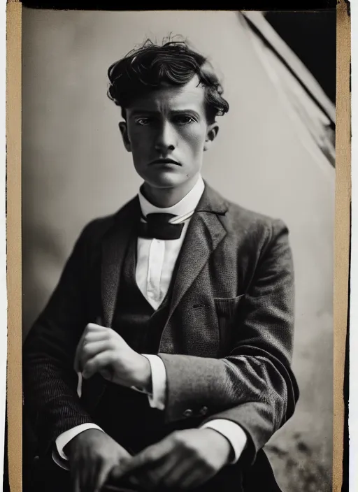 Prompt: close up portrait of a young edwardian politician on a balcony, male, edwardian, formal, detailed face, deep focus, movie still, dramatic lighting, ray tracing, by hendrik kerstens and paolo roversi