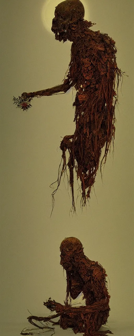 Prompt: death tending to a beautiful dried flower in a dark room, zdzislaw beksinski, arthur rachham, stephen gamell, 8 k, artstation, interior