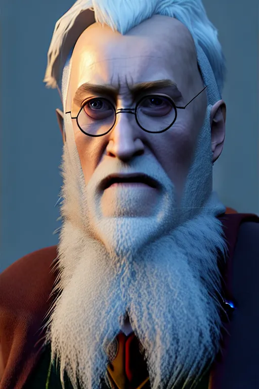 Image similar to harry potter is dumbledore, concept art by senior character artist, cgsociety, photorealism, rendered in unreal engine, official art, cold hue's