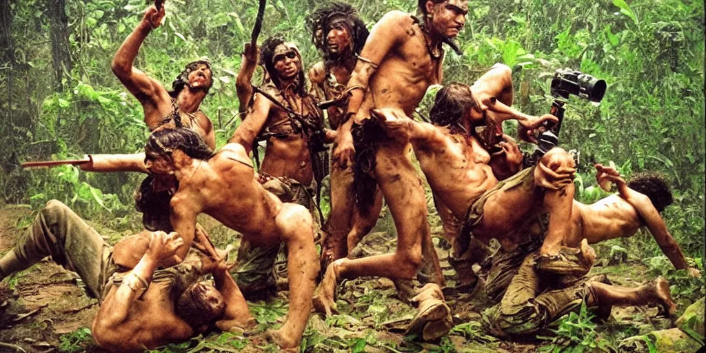 Prompt: battle in jungle, brutal Indians fight, epic camera perspective, old camera, blood, slight inspiration of Boris vallejo and apocalypto, war photography