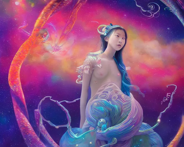 Prompt: Pearlescent Japanese teen seductive Queen Goddess floating in a multiversal rgb universe depicted by James Jean, rule of thirds, fair complexion, celestial, majestic, interstellar vortex through time, award winning, super nova octopus, octane render, massive scale, interstellar, high-quality, 4k