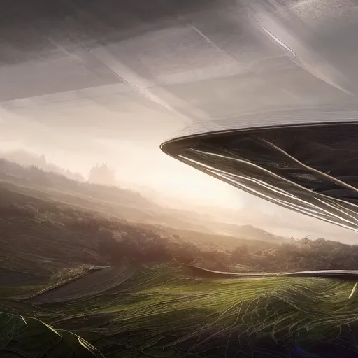 Prompt: futuristic branching and bifurcating and vaulted and webbed canopy structure stretching out across the countryside, beautiful dynamic lighting, cinematic, wide angle establishing shot, extremely high detail, photo realistic, cinematic lighting, post processed, concept art, artstation, matte painting, style by eddie mendoza, raphael lacoste, alex ross, volumetric lighting, light rays, photorealistic, ultrarealistic, moody, coronarender, 8k