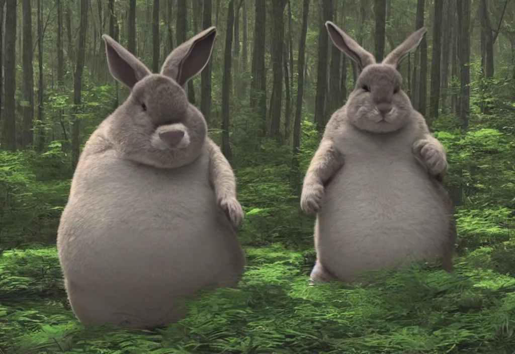Prompt: a photo of big chungus sighting in a forest, a still from security footage, high definition