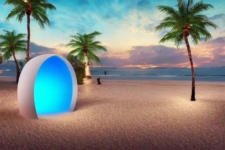 Prompt: a magical glowing portal in the middle of a city that leads to a beach, through the portal you can see a beach, realistic