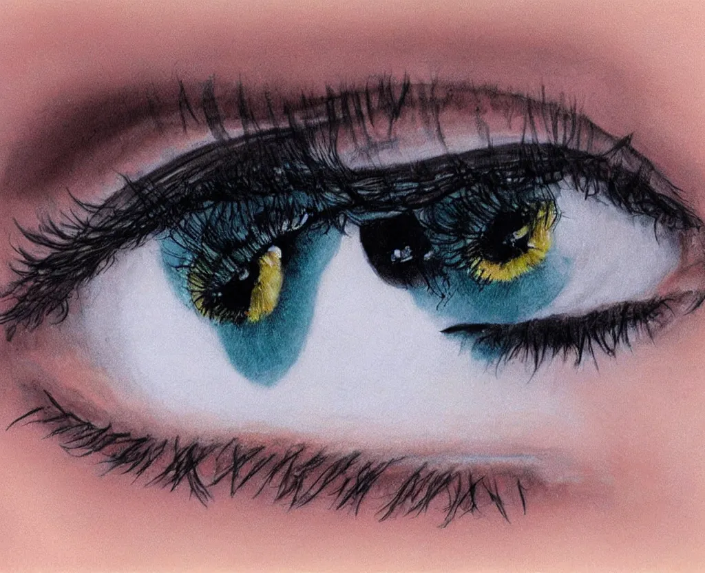 Image similar to realistic and detailed soft airbrush of female eye with eyeliner and long lashes on white background, inspired by 8 0's airbrush illustrations, art by masao saito