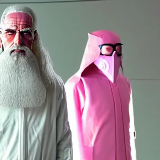 Image similar to Saruman wearing 3M Full Facepiece Respirator with pink filters on top of his head like Walter White