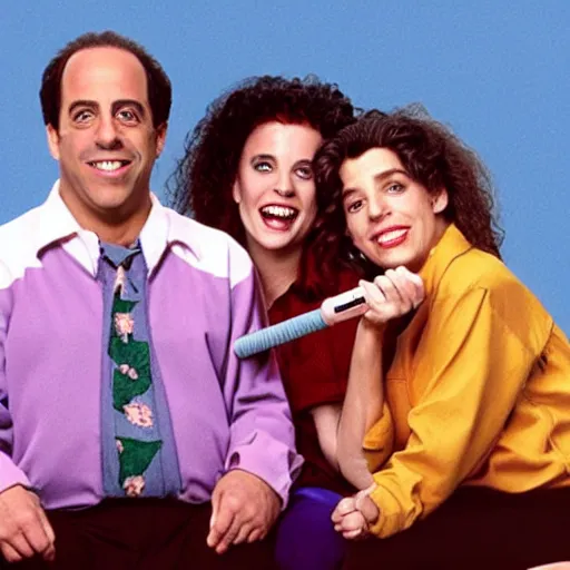 Image similar to Jerry Seinfeld, George Costanza, Elaine Beness and Cosmos Kramer smoking a joint and having a good time, TV still from the 90's