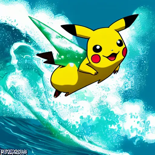 Prompt: pikachu surfing on a wave made of green slime, pokemon tcg image, trending on artstation