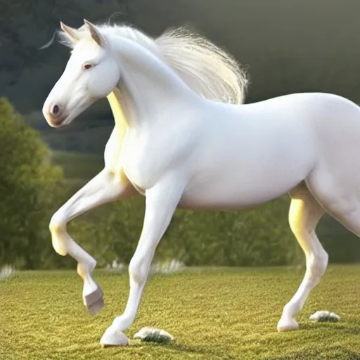 Image similar to a beautiful white realistic horse with feet like human realistic hands