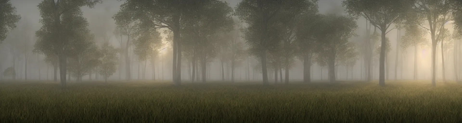 Prompt: forest of foggy trees with a field in the front, majestic landscape, dusk, very detailed, octane render, realistic, 8 k, unreal engine 5, dramatic, volumetric, mountain, morning, greg rutkowski