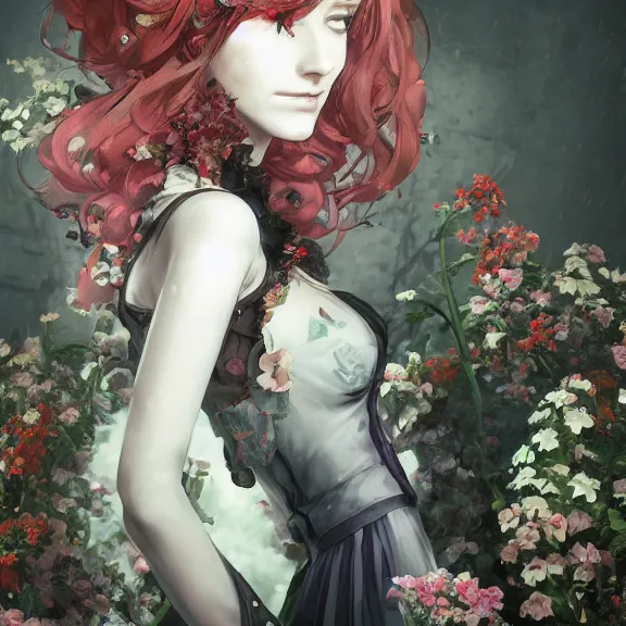 Image similar to goth christina hendricks with flowers in her hand, tankoban, 4 k, tone mapping, akihiko yoshida, james jean andrei riabovitchev marc simonetti, yoshitaka amano, long hair, curly, h. hydrochaeri