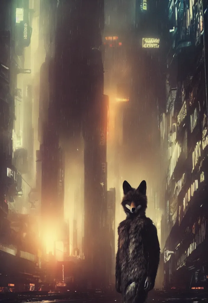 Image similar to anthro fox furry in Blade Runner: 2049, wearing a leather uniform, city streets, fursona, anthropomorphic, furry fandom, film still