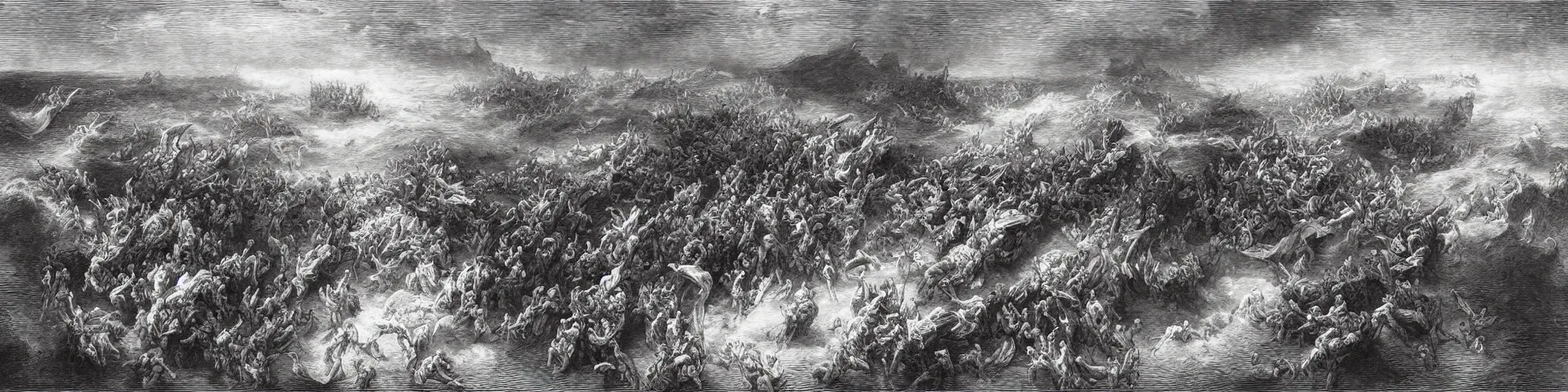 Image similar to aerial view, the biblical crossing of the red sea, Gustave Dore lithography